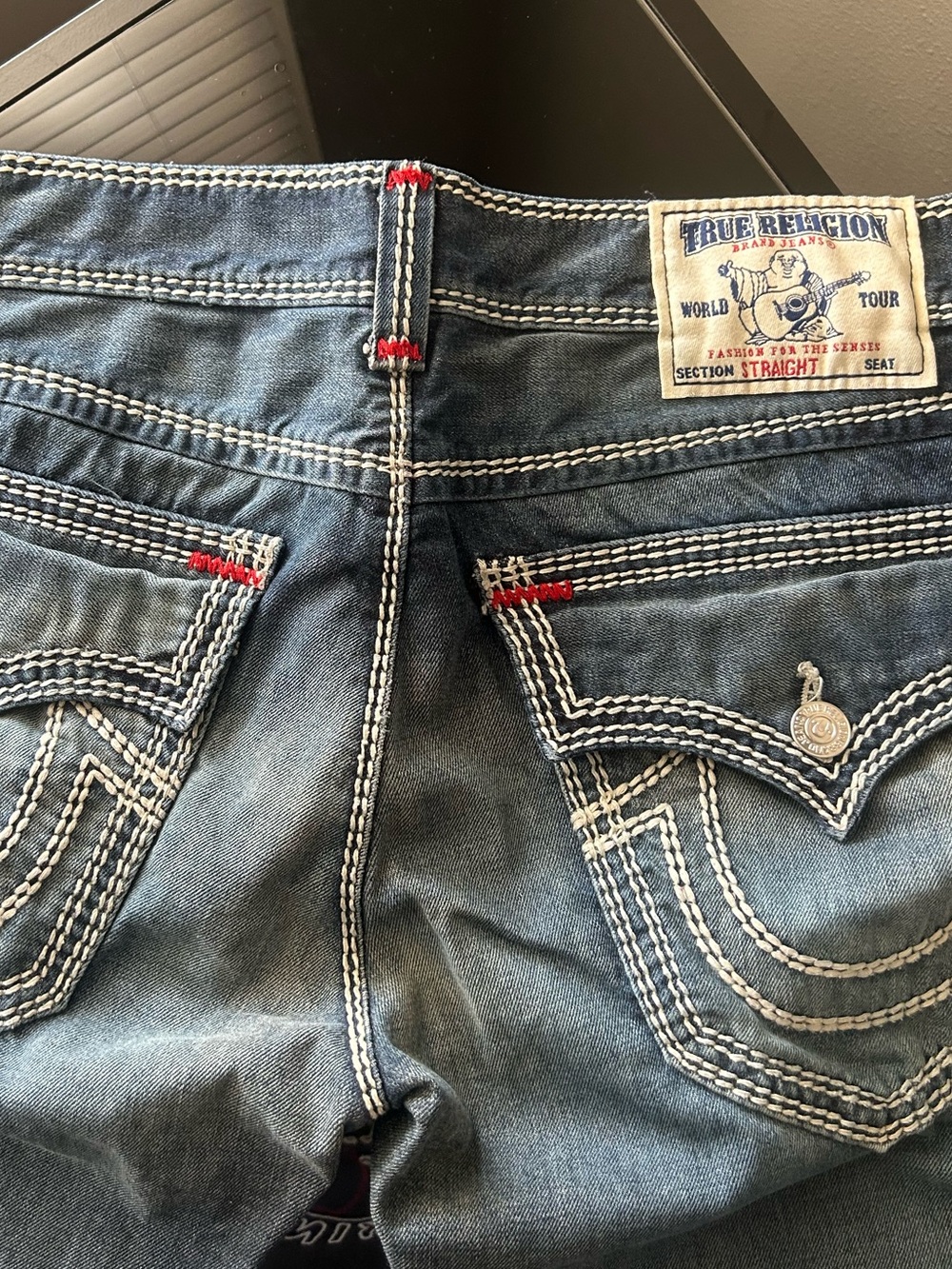 True Religion Women's Dark Blue Bootcut Jeans with White Contrast Stitching